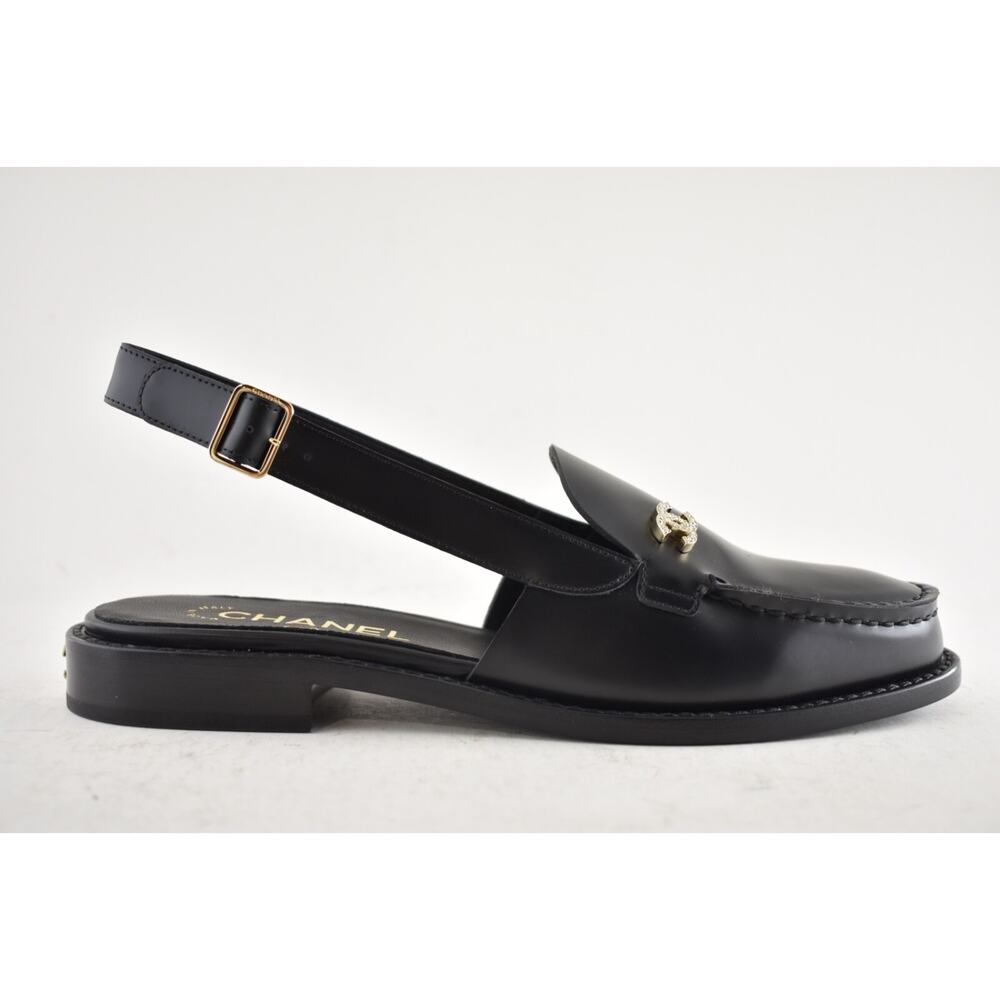 Chanel REV Black Leather CC Crystal Logo Coco Sling Slingback Ballet Flat 40 - Picture 2 of 16